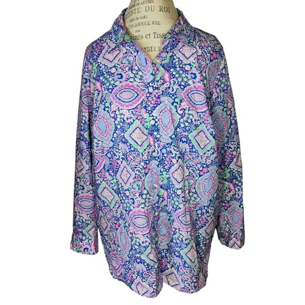 Talbots Womens Button Up Top Size 1X Blue Paisley Preppy Coastal Colorful Office